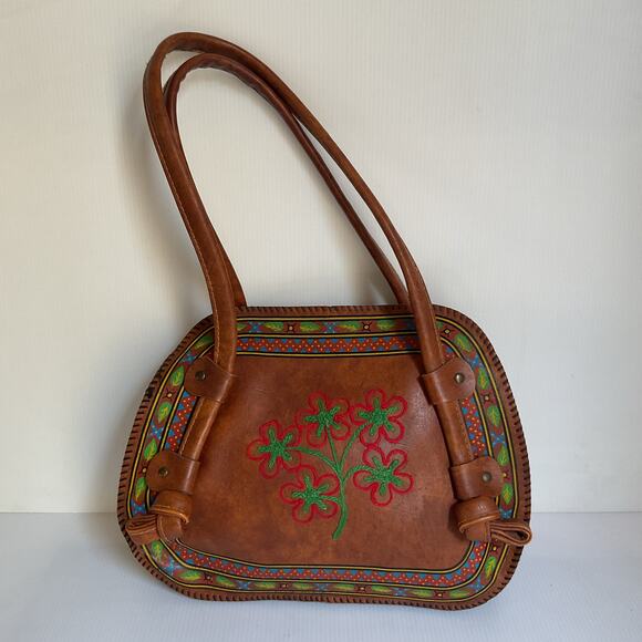 Artisanal Mexican Leather Handbag Floral Embroidered & Painted Purse - Picture 1 of 9